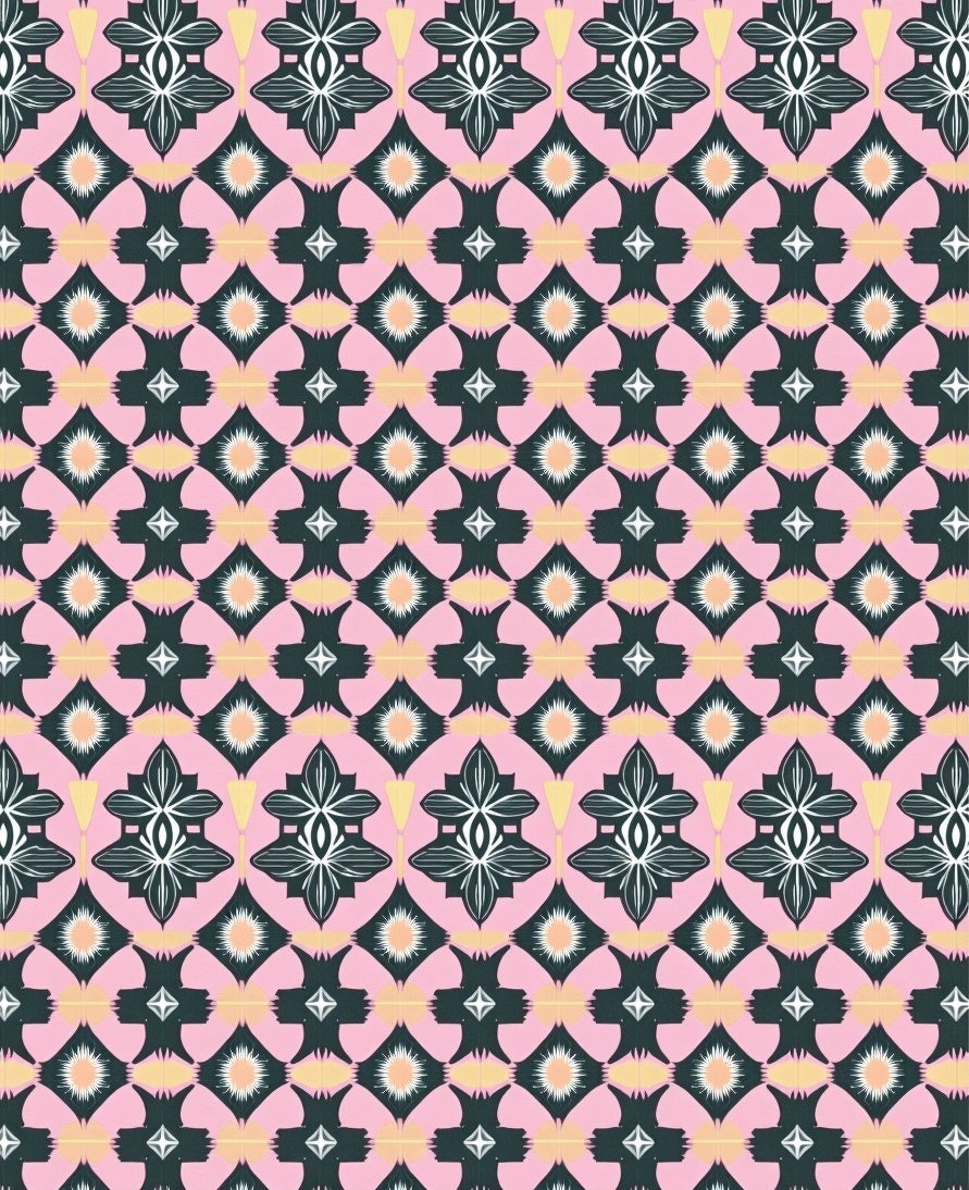 Dark Teal Pink Floral Diamond Tile Rug
