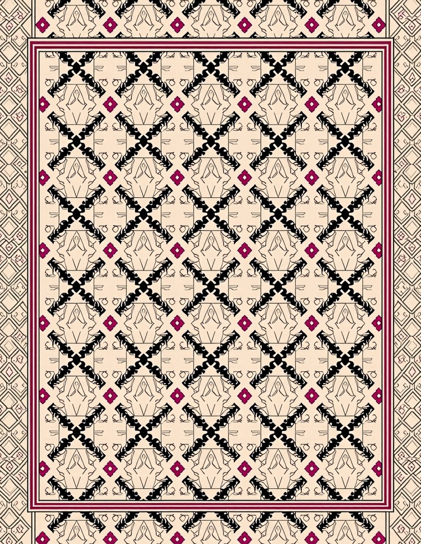 Cream Black Red Diamond Medallion Rug