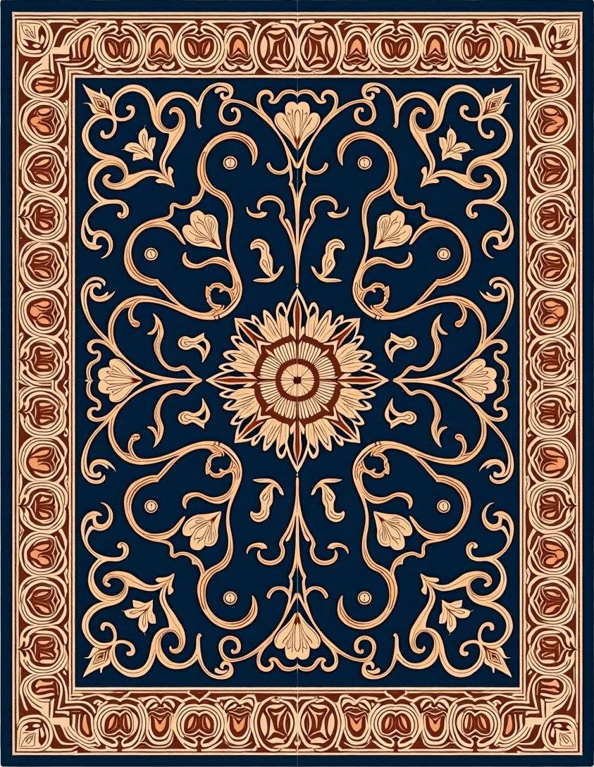 Navy Blue Floral Scrollwork Medallion Rug