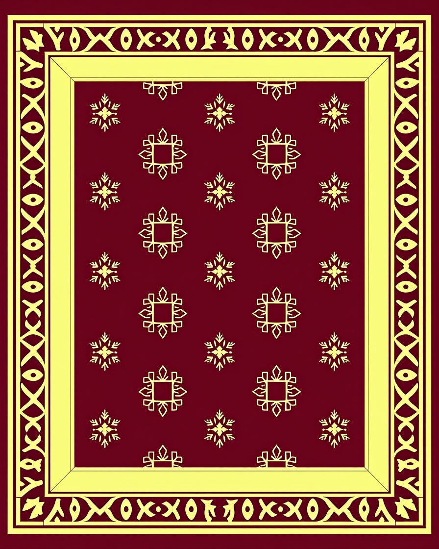 Crimson Gold Decorative Square Medallions Border Rug