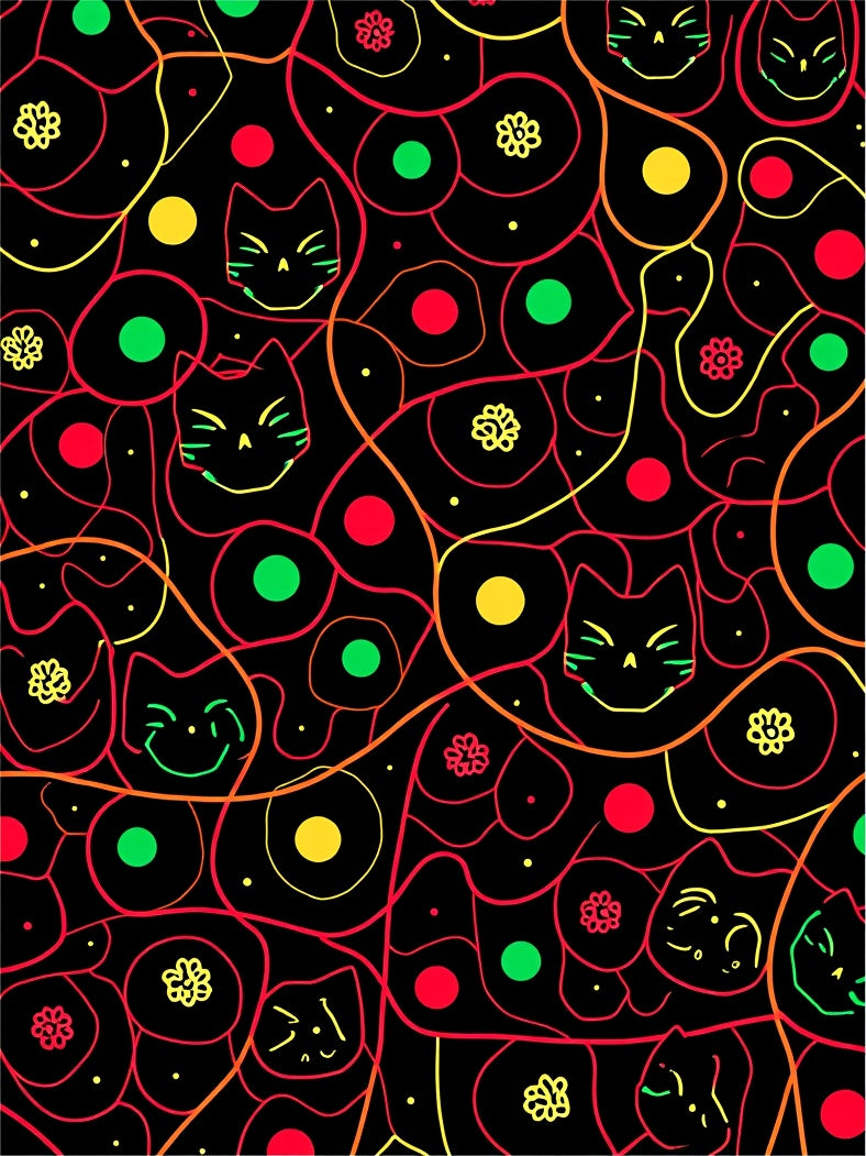 Playful Black Cat Faces Abstract Lines Rug