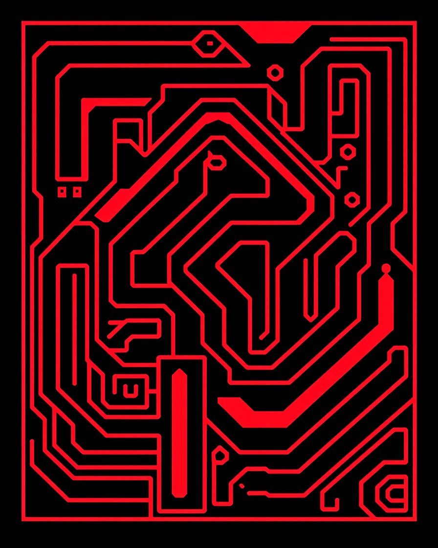 Bold Red Circuit Board Maze Rug