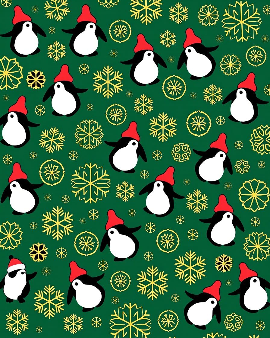 Festive Green Penguin and Snow Flake Rug