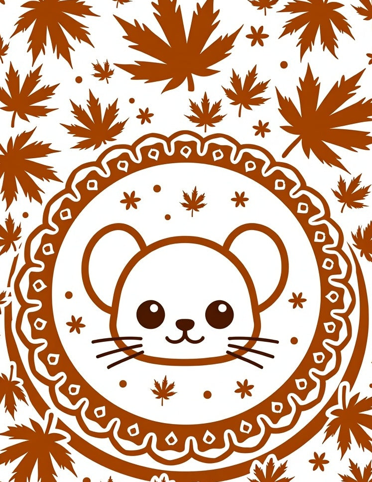 Cute Brown Mouse Maple Leaf Mandala Rug