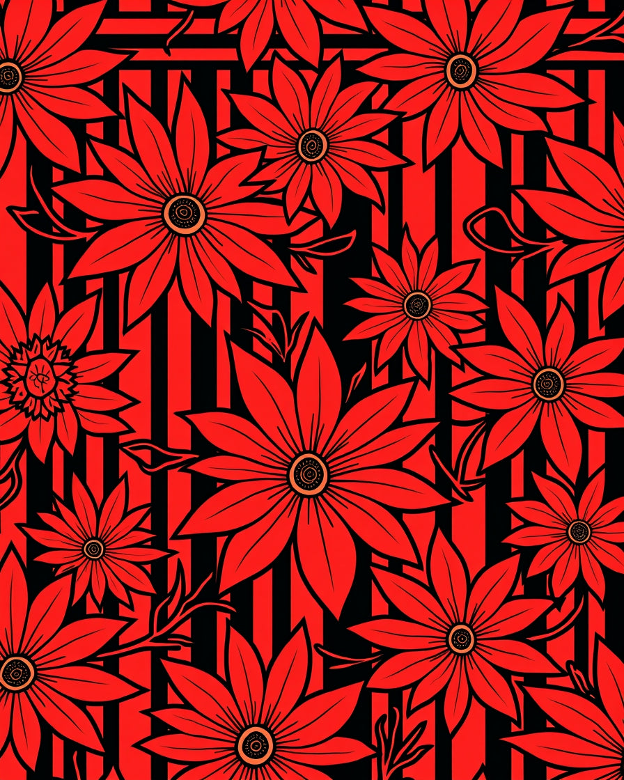 Vibrant Red Floral Stripes Rug