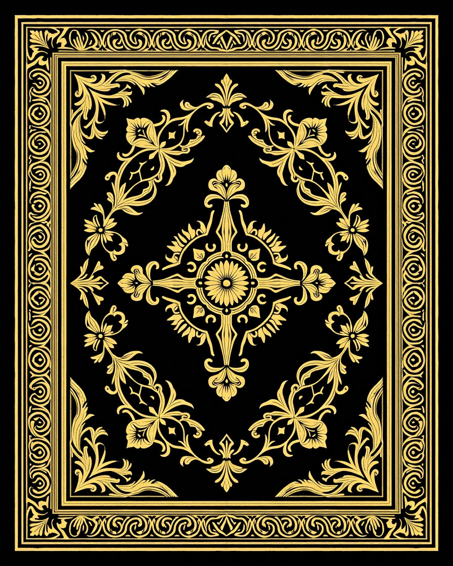 Black Golden Floral Medallion Filigree Rug