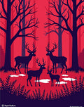Crimson Forest Deer Silhouette Scene Rug