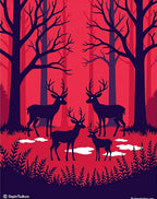 Crimson Forest Deer Silhouette Scene Rug