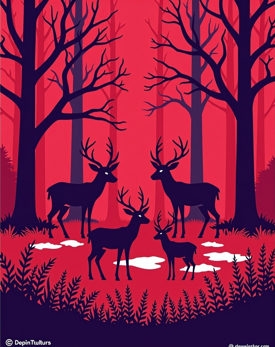 Crimson Forest Deer Silhouette Scene Rug