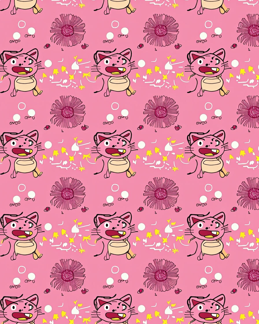 Pink Cartoon Cat Floral Whimsical Rug