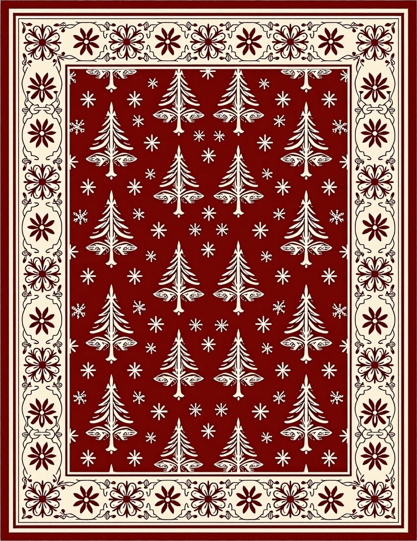 Crimson White Tree Snowflake Border Rug