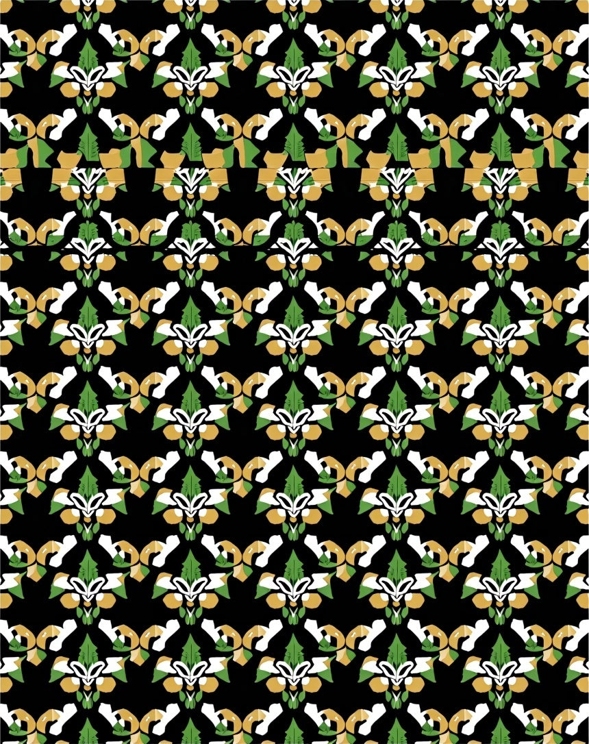 Ornate Black White Green Gold Floral Rug