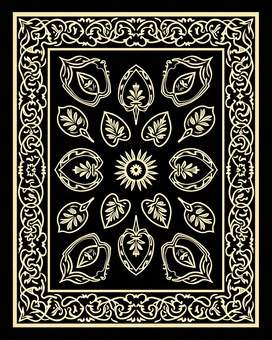 Black and Gold Ornamental Leaf Medallion Rug