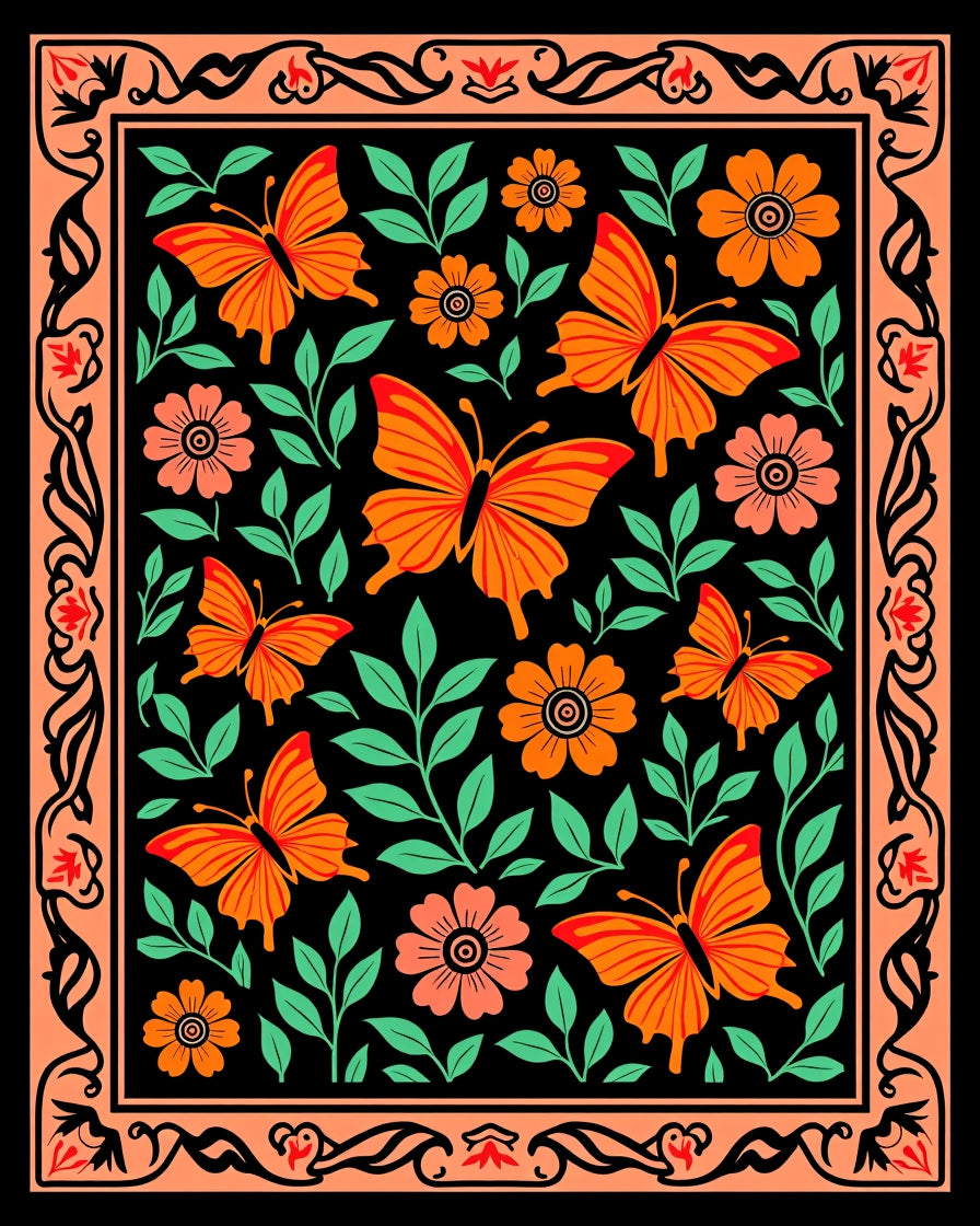 Vibrant Orange Butterfly Floral Border Rug