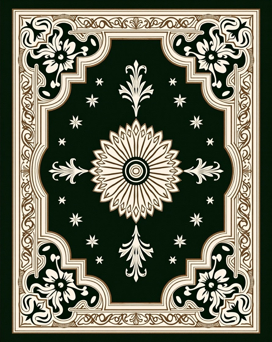 Dark Green Floral Medallion Border Rug