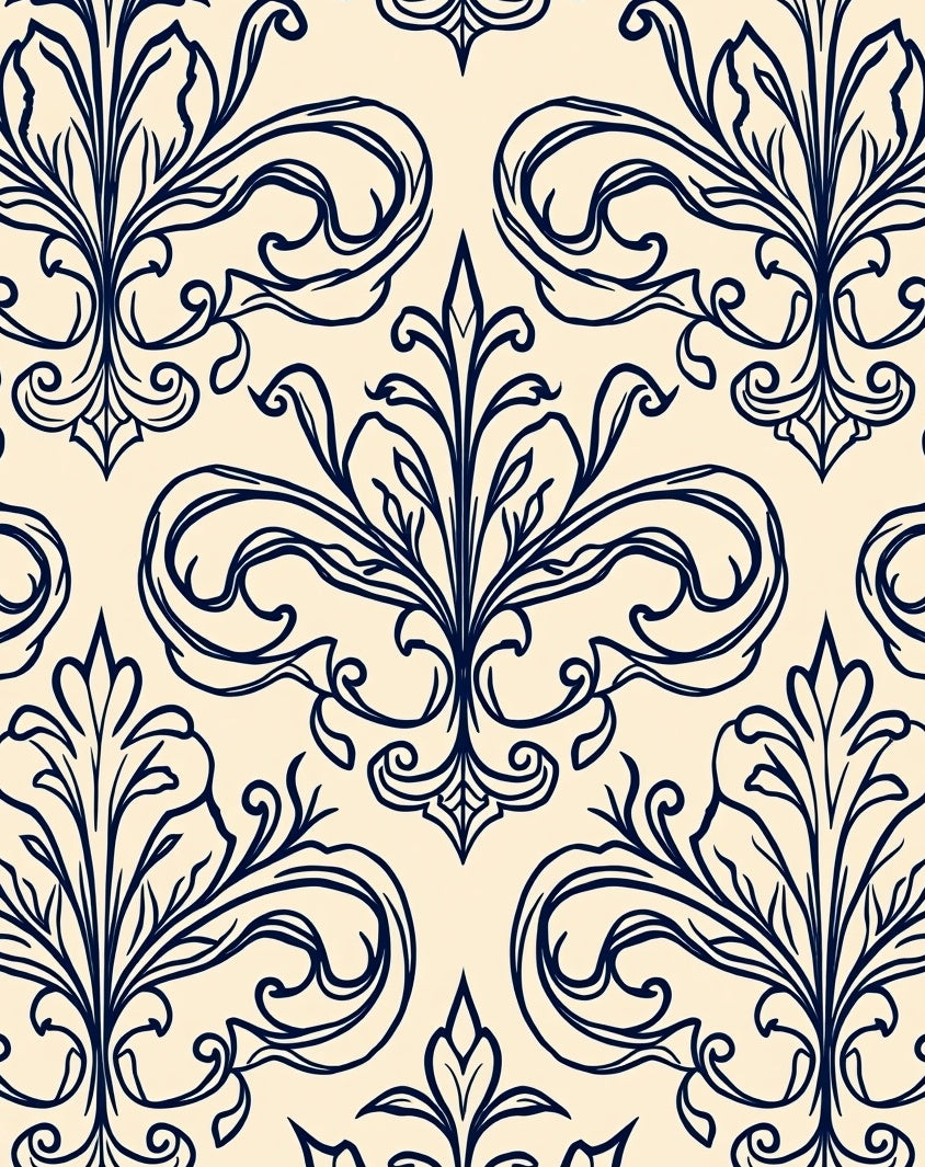 Navy Cream Floral Scroll Composed Rug