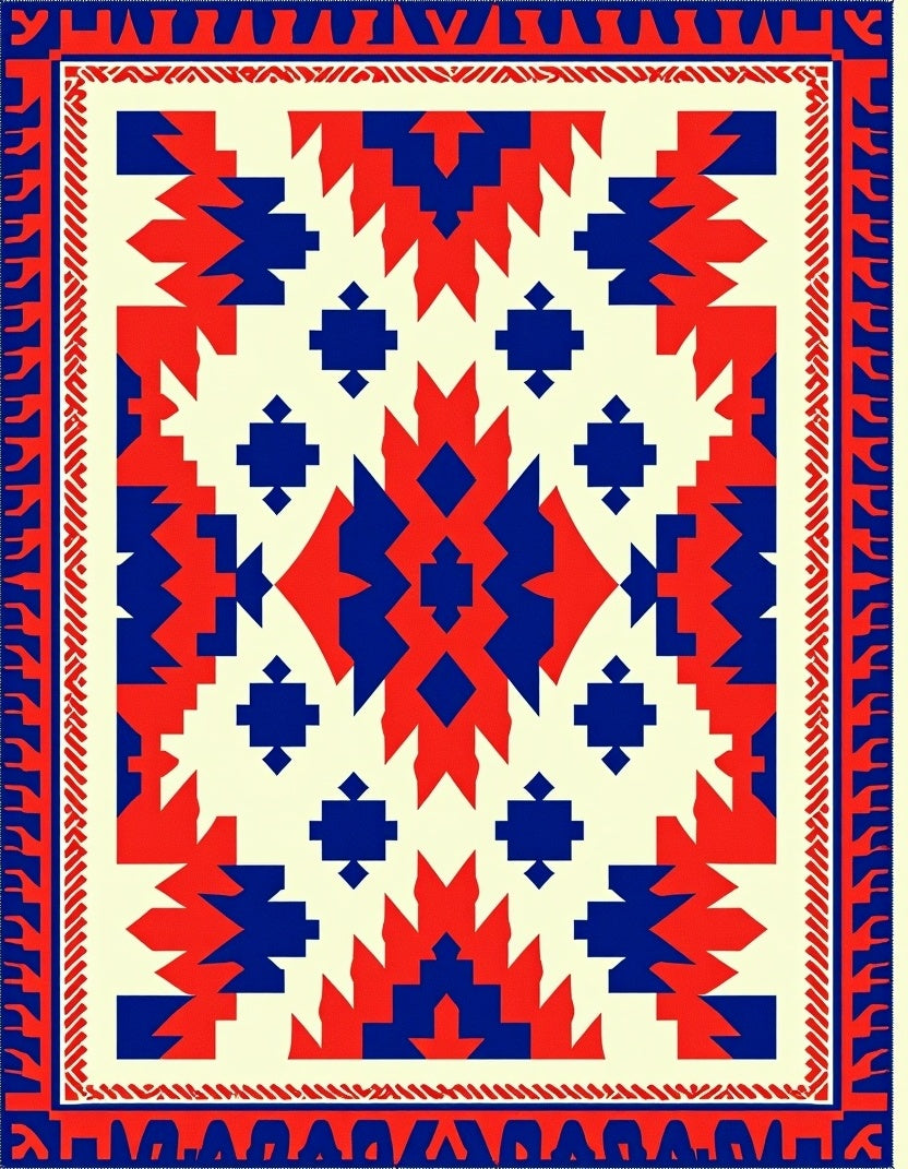 Crimson Blue Geometric Sunburst Rug