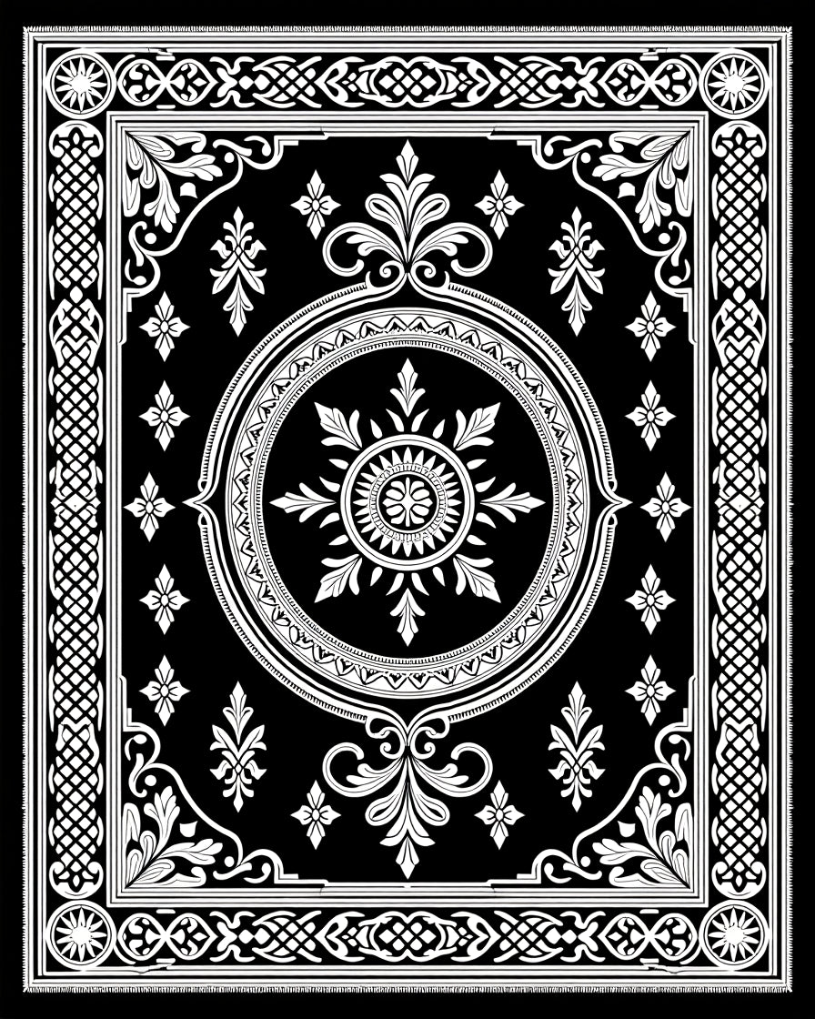 Grand Black White Floral Medallion Rug