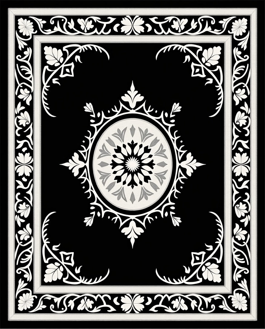 Black and White Floral Medallion Border Rug