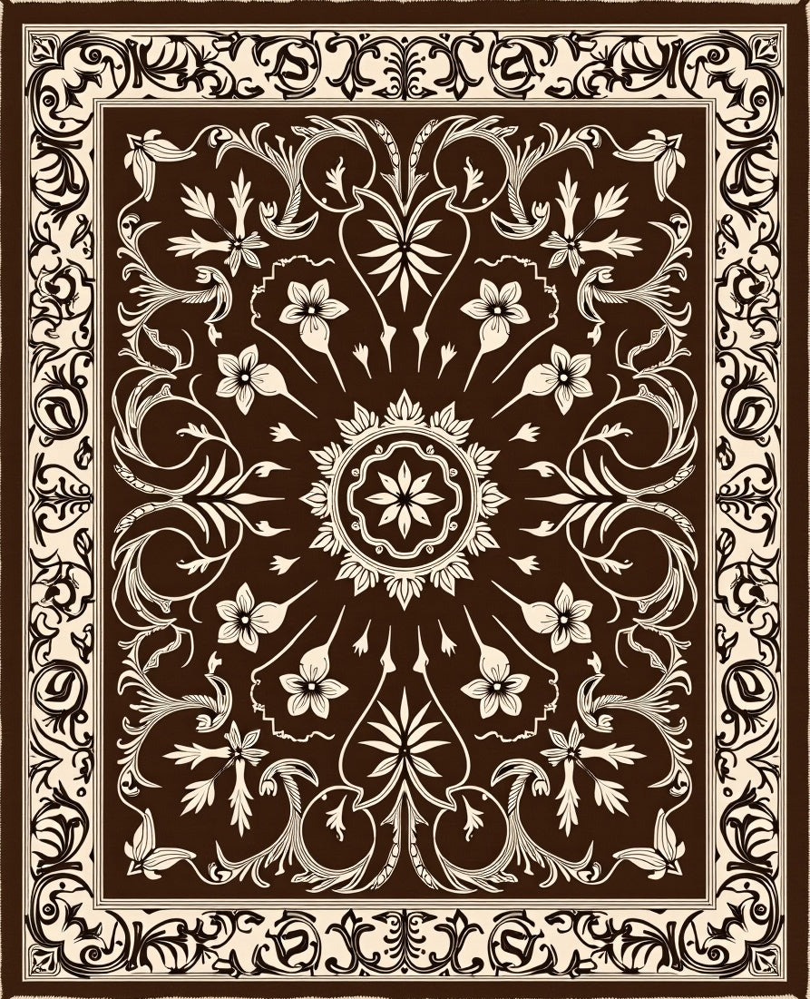 Ornate Brown Floral Medallion Border Rug
