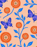 Orange Floral Blue Butterfly Garden Rug