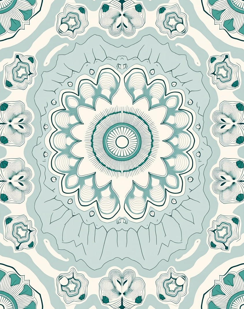 Teal White Intricate Floral Mandala Rug