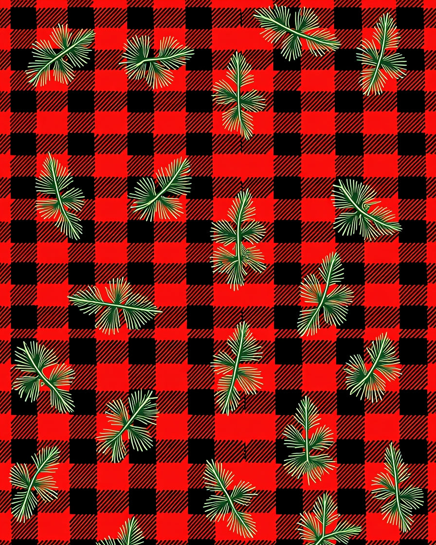 Red Black Buffalo Plaid Pine Sprigs Rug
