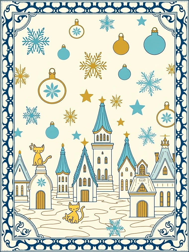 Whimsical Golden Cat Cozy Winter Village Rug