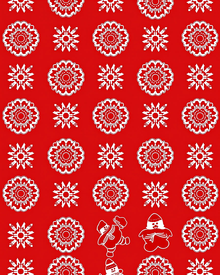 White Snowflakes and Snowmen on Red Rug