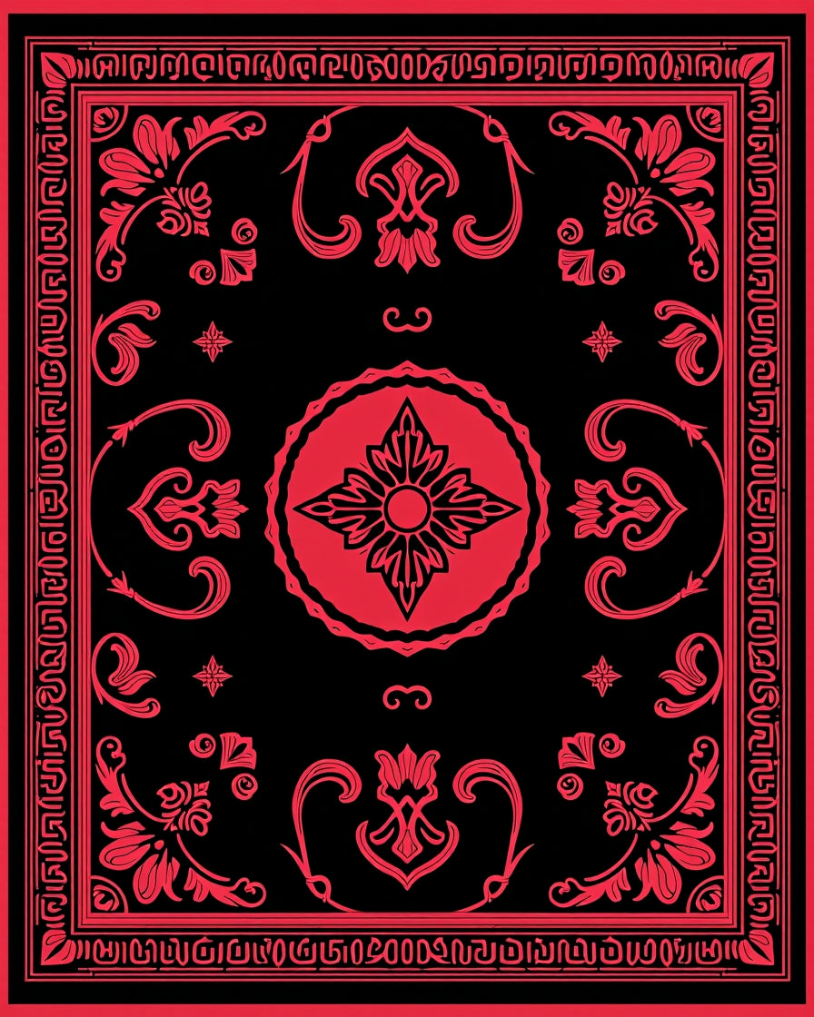 Crimson Floral Medallion Black Rug