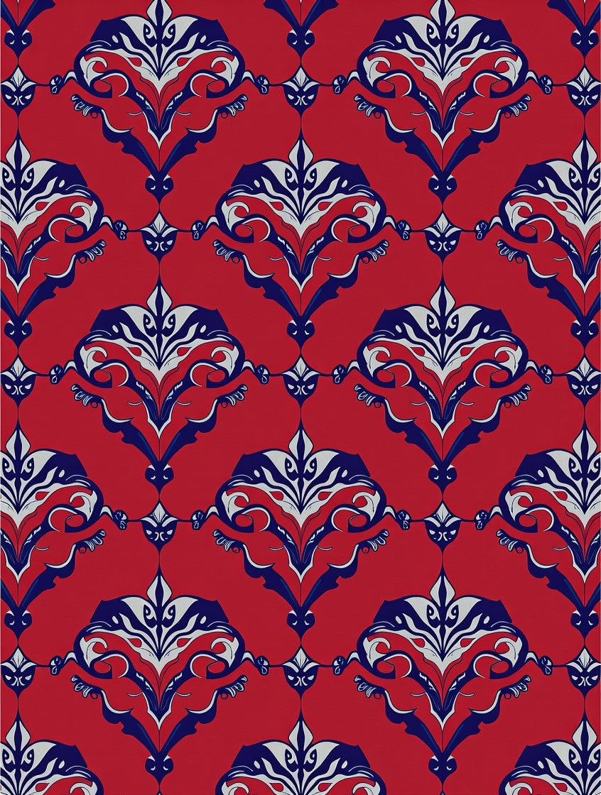 Crimson Red Elaborate Navy White Damask Rug