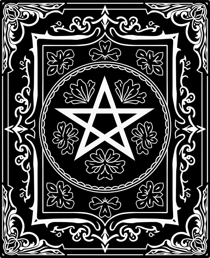 Black White Star Pentacle Floral Border Rug