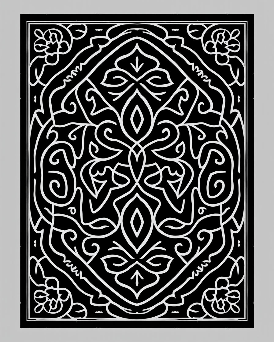 Black White Intricate Floral Scrollwork Rug