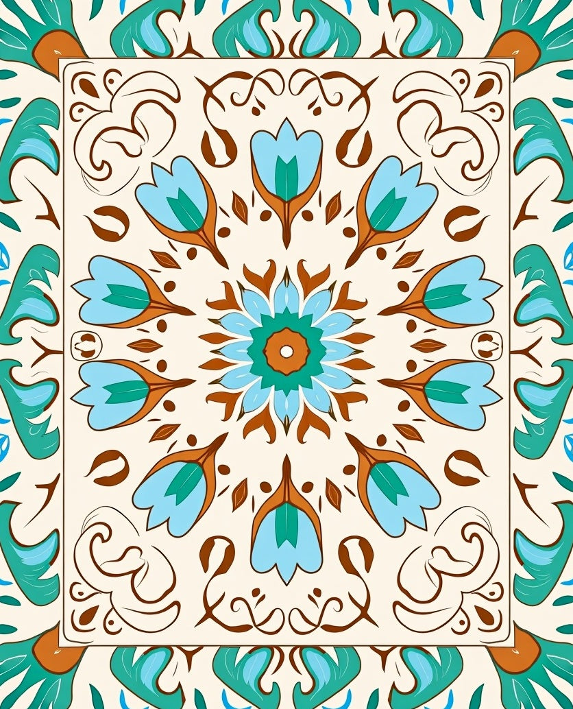 Cream Teal Coral Floral Medallion Rug