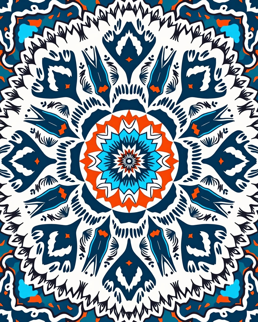 Vibrant Teal Orange Medallion Symmetry Rug