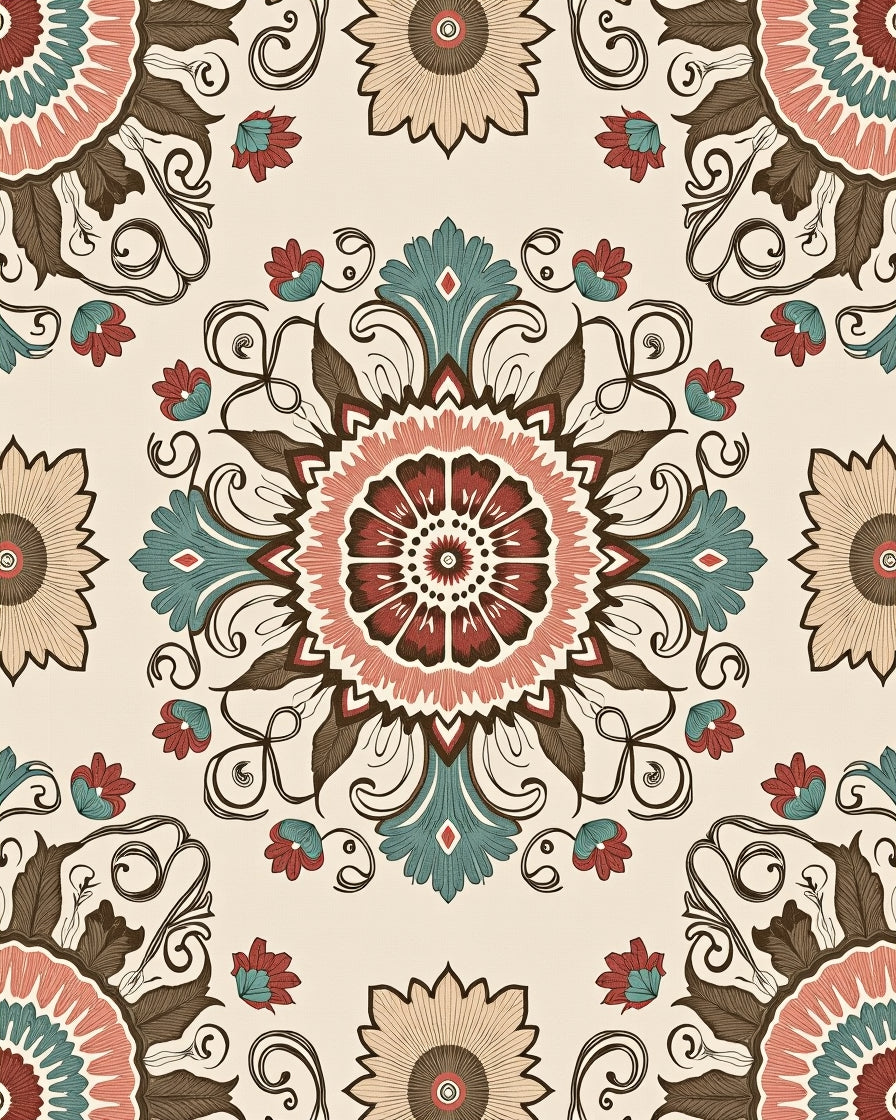 Farmhouse Floral Medallion Sunburst Swirls Rug