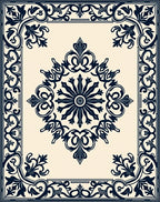 Ornate Navy Floral Square Medallion Rug