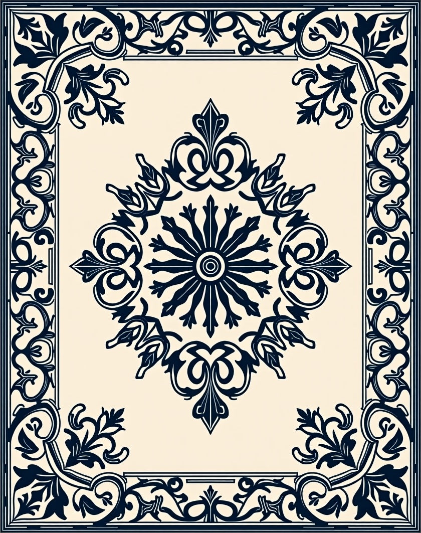 Ornate Navy Floral Square Medallion Rug