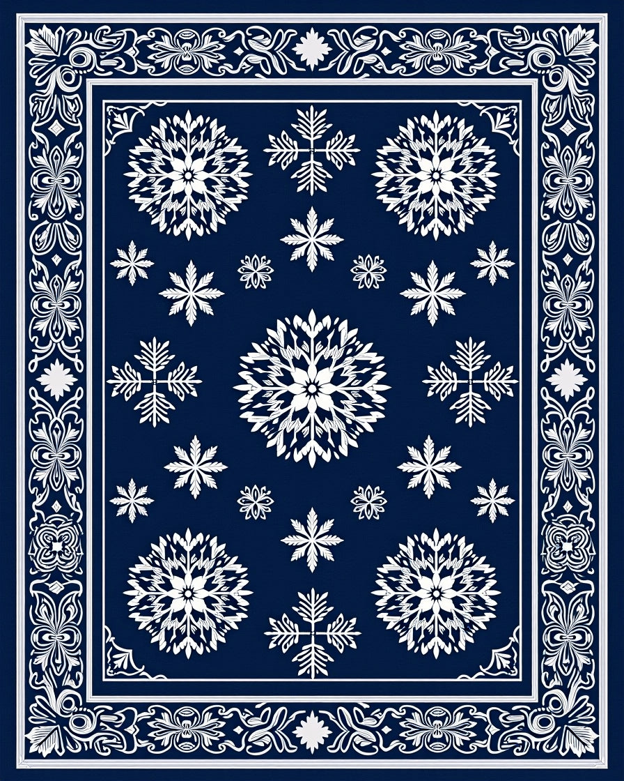Deep Blue Snowflake Mandala Border Rug