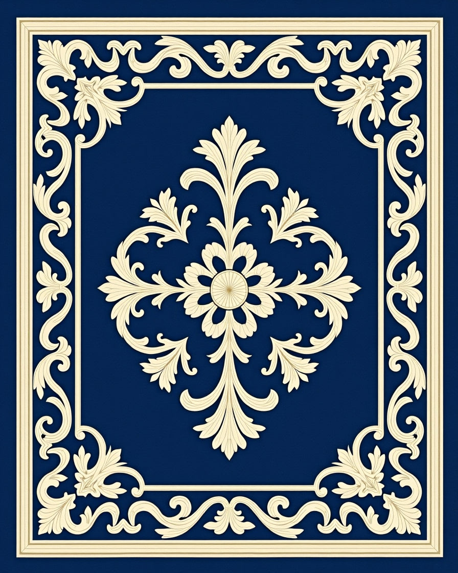 Ornate Navy Floral Scrollwork Rug