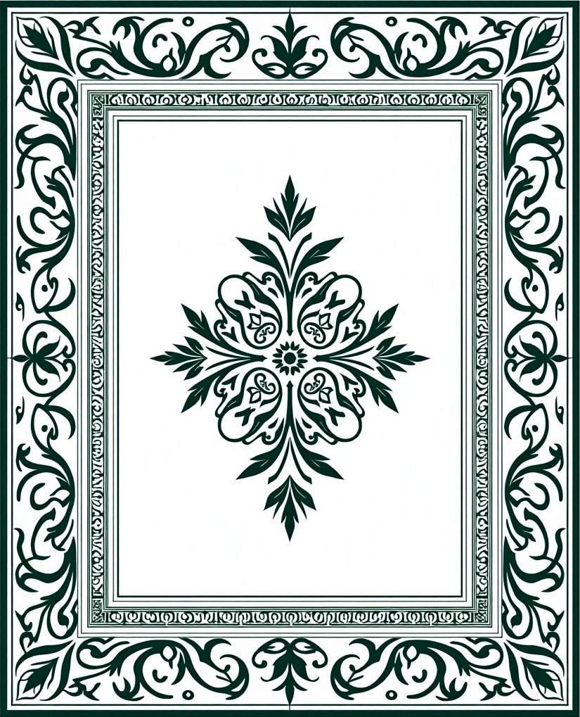 Dark Green Floral Central Medallion Border Rug
