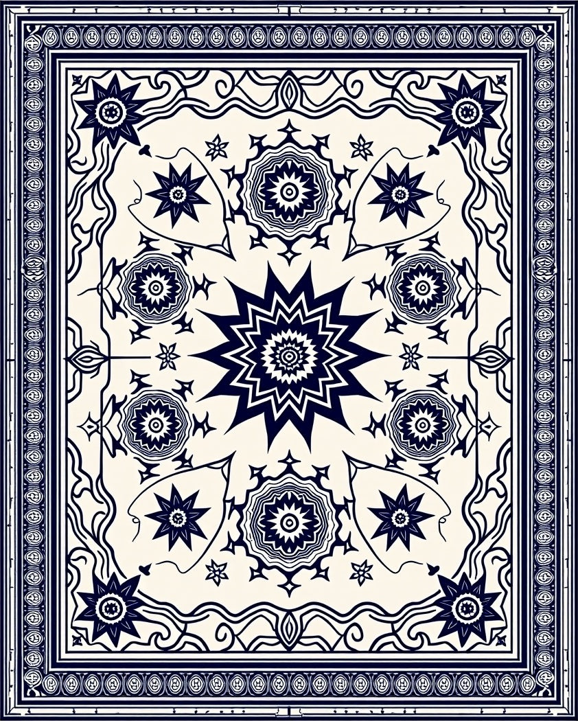 Grand Navy Starburst Medallion Ivory Rug