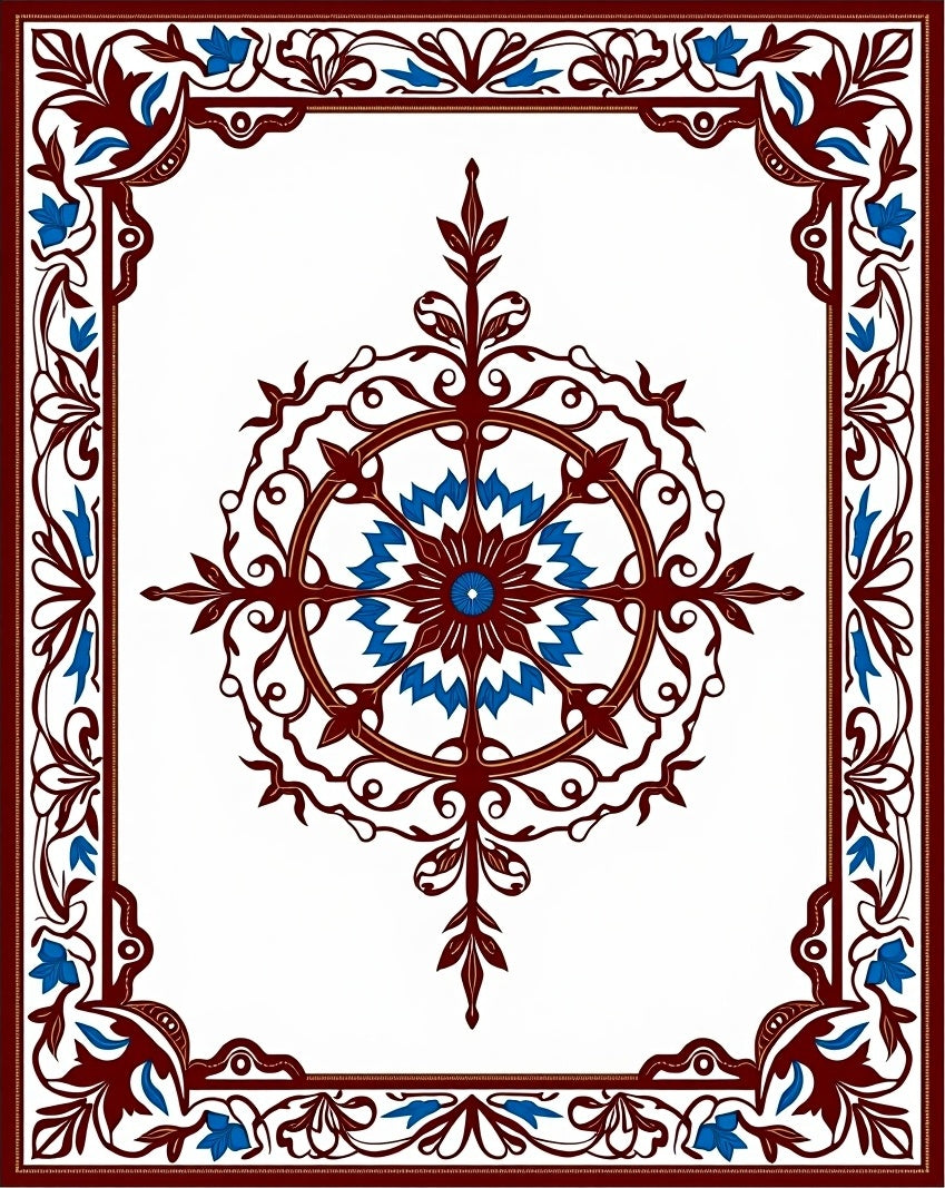 Rich Burgundy Blue Floral Medallion Rug