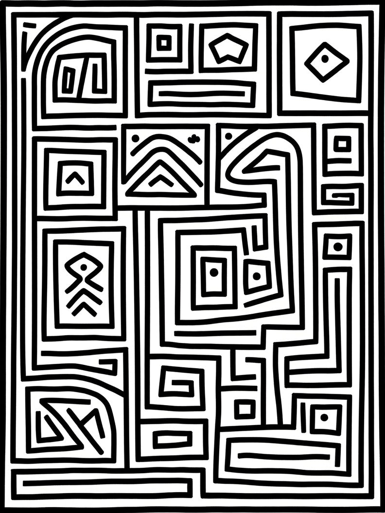 Bold Labyrinthine Black White Composition Rug