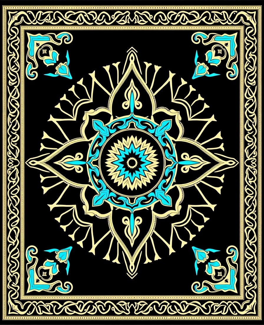 Black Teal Gold Mandala Medallion Rug