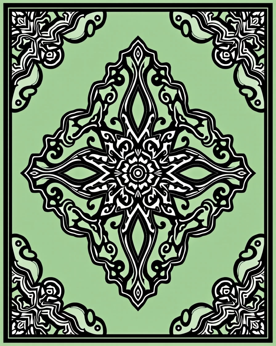 Light Green Black Ornate Medallion Rug