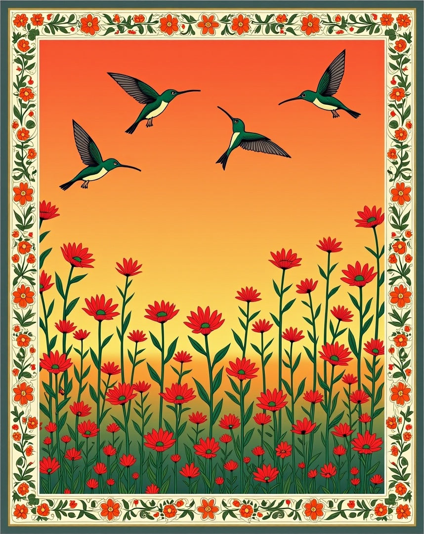 Hummingbird Garden Red Floral Border Rug