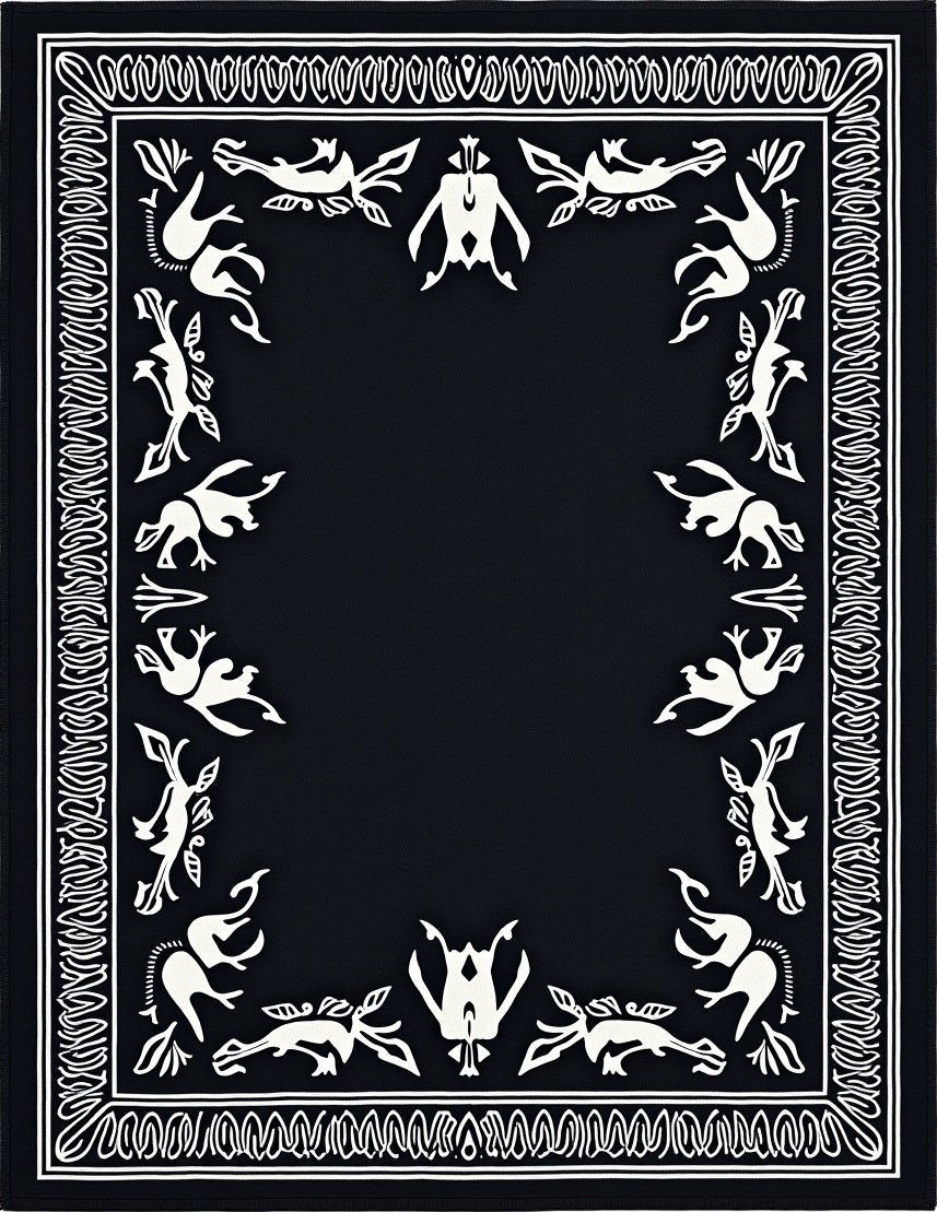Bold Black White Folkloric Animal Border Rug