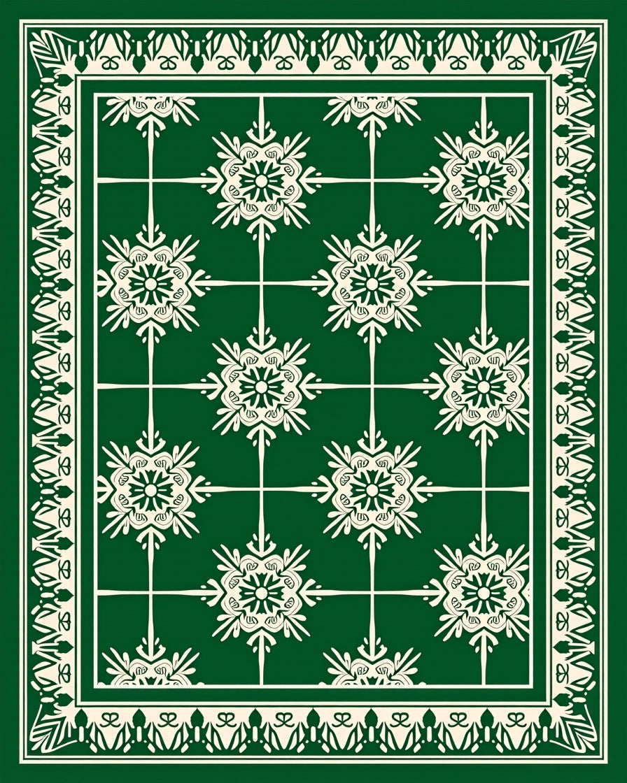 Enchanting Emerald Snowflakes Border Rug