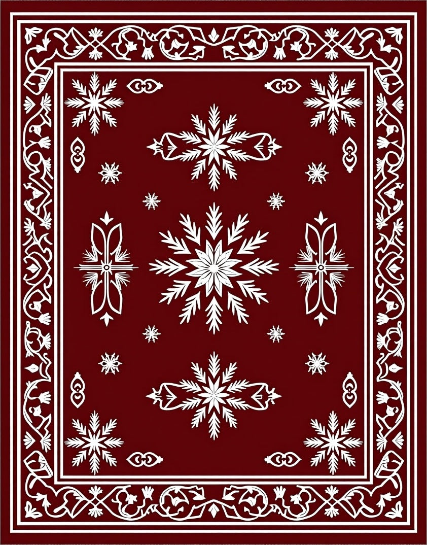 Crimson Snowflakes Ornate Border Rug
